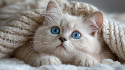 Obraz premium Cute white kitten has blue eyes. It is laying on a white cozy blanket