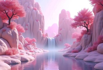 A fantasy landscape with towering pink rock formations, a waterfall flowing into a serene pond