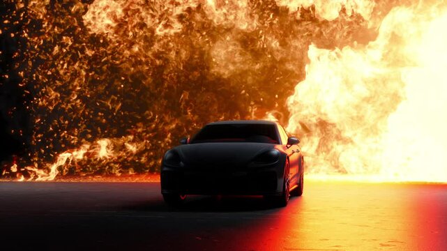 a car on the background of burning fuel