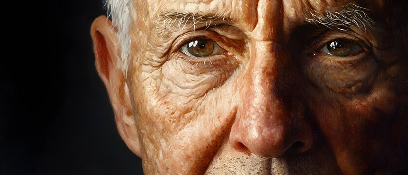 Elderly man's face in close-up, deep-set wrinkles portrayed with thick, textured brushstrokes, oil painting style, dark and warm color palette, classic art.