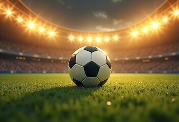 Fototapeta premium A soccer ball on a green field with bright stadium lights in the background