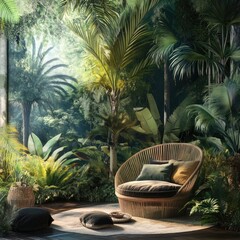 Fototapeta premium Tranquil Jungle Oasis With Bold Palm Leaf Design Seating Area