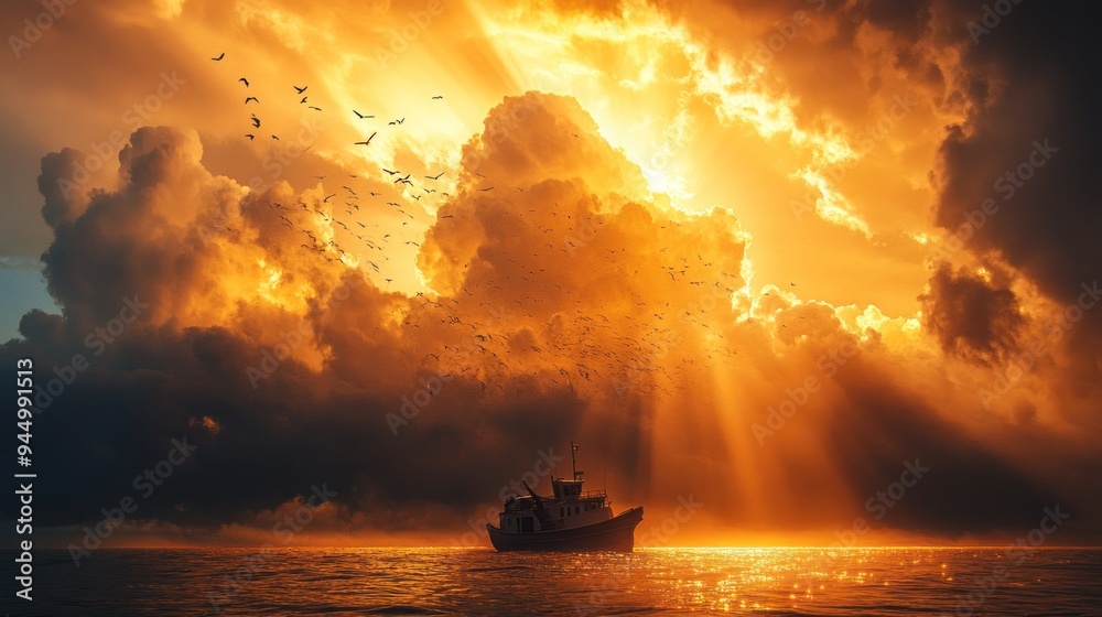 Poster golden sunset with boat silhouette