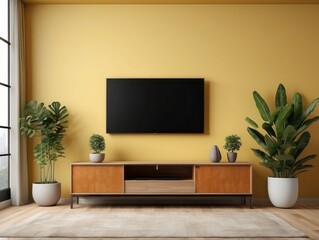 Modern Living Room Interior with Flat Screen TV and Plants