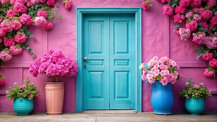 Fototapeta premium Aesthetic image of a pink door surrounded by pink flowers and a blue vase with matching flowers