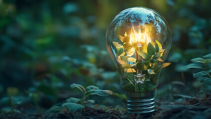 A light bulb with glowing energy inside, surrounded by green plants.