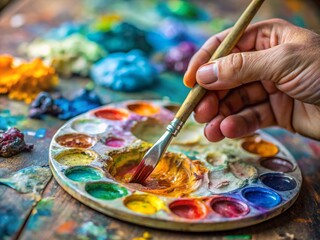 Obraz premium The image shows an artist's hand holding a brush over a colorful palette filled with colored paints against a wooden table.