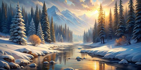 A serene winter landscape painting featuring a snowy mountain stream with sunlight filtering through the trees