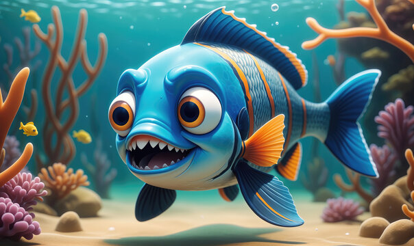 A blue and orange fish with a big grin swims near coral in the ocean