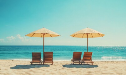 Obraz premium Serene Beachside Retreat: Two Umbrellas Casting Shadows on Wooden Loungers by Pristine Blue Ocean. Minimalist Summer Paradise Scene for Vacation Marketing, Travel Advertisements, and Relaxation Concep