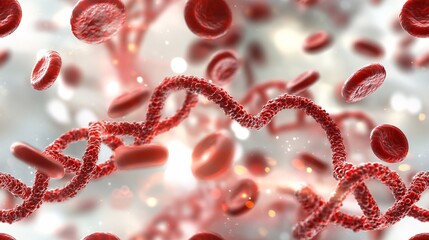Microscopic view of red blood cells in an artery with DNA helices, depicting the fusion of microbiology and genetics