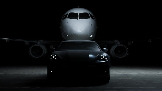 a car parked in the parking lot against the background of a white airplane