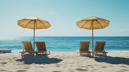 Fototapeta premium Serene Beachside Retreat: Two Umbrellas Casting Shadows on Wooden Loungers by Pristine Blue Ocean. Minimalist Summer Paradise Scene for Vacation Marketing, Travel Advertisements, and Relaxation Concep