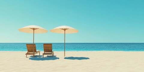 Serene Beachside Retreat: Two Umbrellas Casting Shadows on Wooden Loungers by Pristine Blue Ocean. Minimalist Summer Paradise Scene for Vacation Marketing, Travel Advertisements, and Relaxation Concep