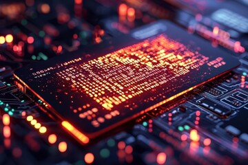 Obraz premium Encrypted credit card, glowing binary code shield, digital security visual, abstract background