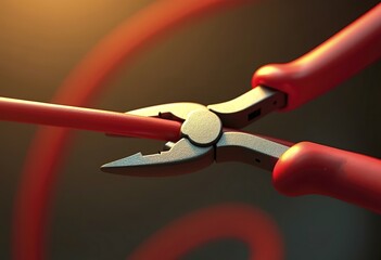 A close-up view of a pair of pliers gripping a red wire against a blurred background