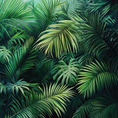 Naklejka premium Dense Tropical Foliage Featuring Intricate Palm Leaves and Lush Greenery