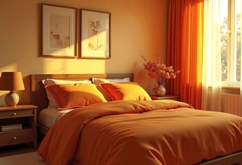 A cozy bedroom with an orange bedspread, a lamp on a nightstand, and a vase of flowers