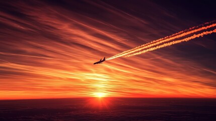 Airplane Silhouette Ascending into Dramatic Sunset Sky