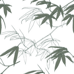 Seamless pattern bamboo leaves abstract background.Vector illustration hand drawn line art.For fabric fashion print design or product packaging.