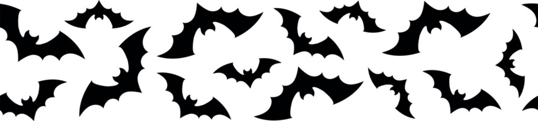 Halloween bat seamless border. Header for letters, websites, mailing lists, banners, wallpapers, wrapping. Bats for horror night holiday. Halloween black flying vampire bats.