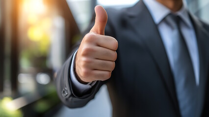 A businessman wearing a suit gives a thumbs up.