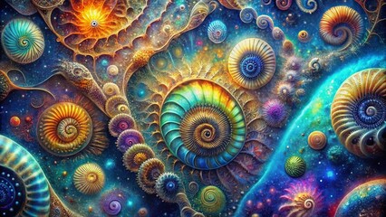 A surreal cosmic tapestry revealing celestial fossils in vibrant iridescent colors