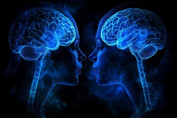 Romantic couple with glowing brains facing each other in a moment of deep intellectual and emotional connection