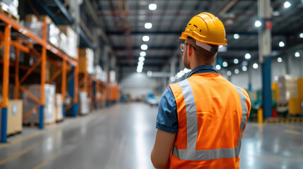 A worker wearing a safety vest and helmet supervises inventory management in a large, organized warehouse with high shelves.