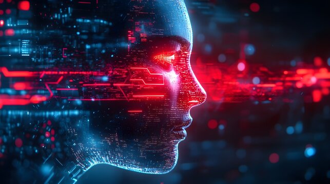 Futuristic robotic face merged with AI soundwaves in double exposure, representing advanced voice recognition, glowing neon accents and sleek metallic textures--style raw