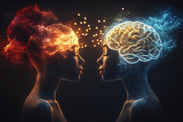 Obraz premium Couple with fiery and cool brain representations depicting the dynamic balance of passion and reason