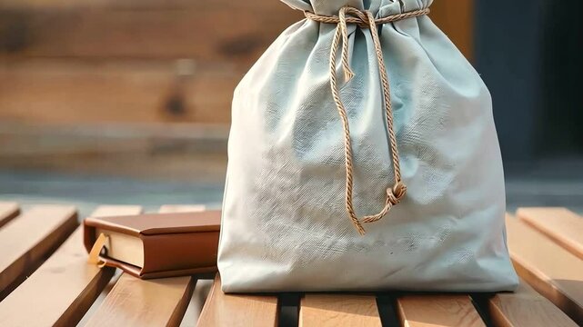 A white drawstring bag sits on a wooden surface next to a brown book.