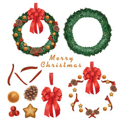 Set of vector Christmas wreaths isolated on white background. Hand drawn watercolor and digital illustration in watercolor style.