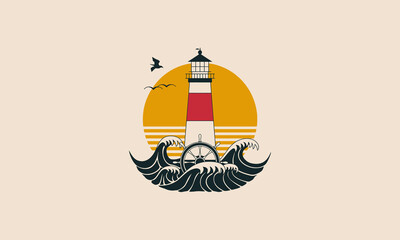 lighthouse with waves vector illustration flat design logo