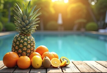 Tropical fruits including pineapple, oranges, lemons, and kiwi on a wooden deck next to a blue swimming pool