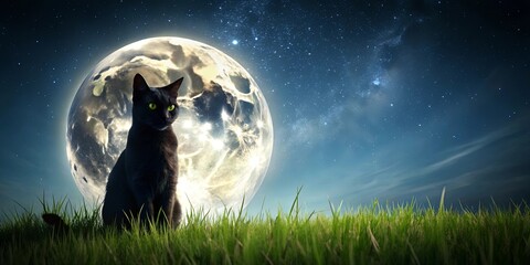 Mysterious black cat watching the full moon in a grassy field