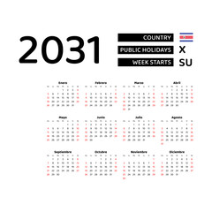 Calendar 2031 Spanish language with Costa Rica public holidays. Week starts from Sunday. Graphic design vector illustration.