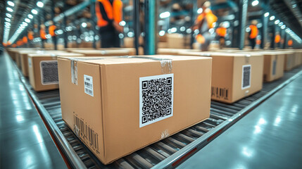 Efficient Logistics System: Close-up of Sealed Boxes with QR Codes for Tracking and Security