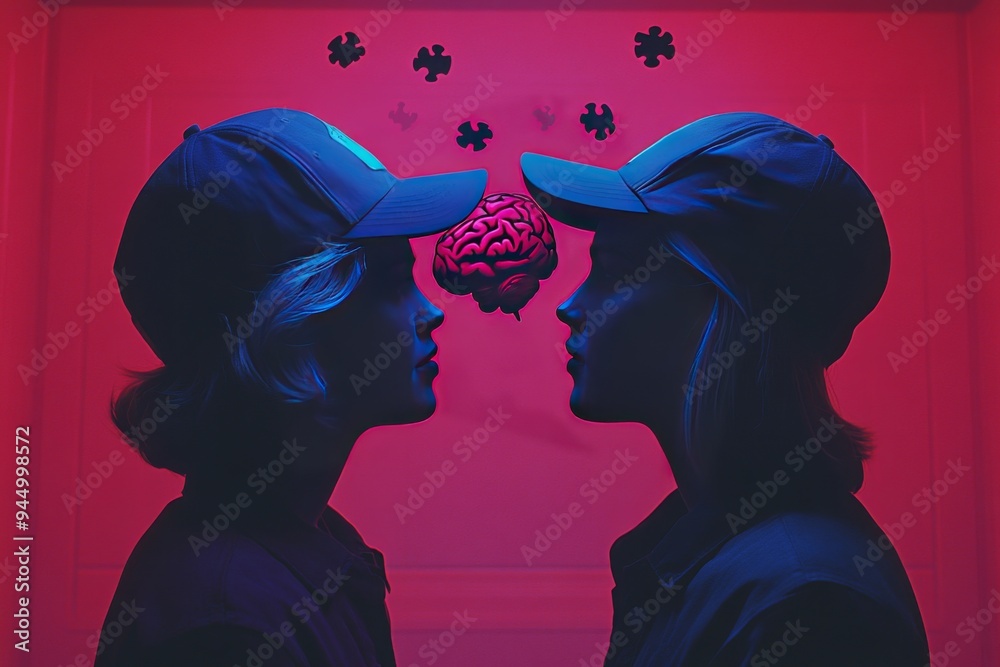 Canvas Prints Dual profile of a couple with puzzle piece brains symbolizing the complexity and interconnection of thoughts