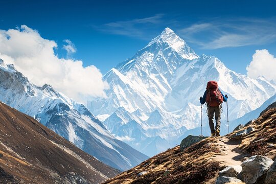A climber adjusts to the elevation, immersed in breathtaking peaks beneath a radiant azure sky, ready to embark on an exhilarating journey.