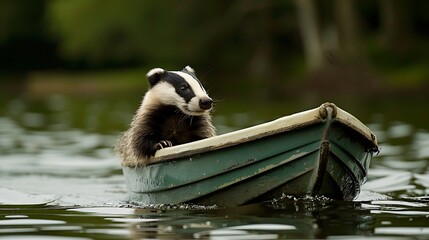 Obraz premium A badger onto the boat in the lake