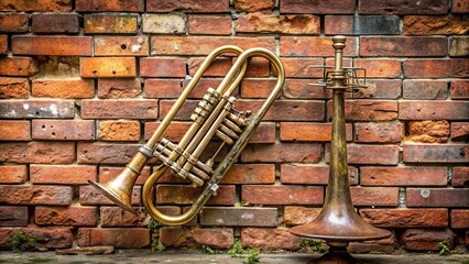 Fototapeta premium Old weathered trumpet leaning against a rustic brick wall