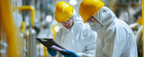 Occupational Safety Assessment: Workers in Protective Gear Conducting Hazard Evaluation and Documenting Findings