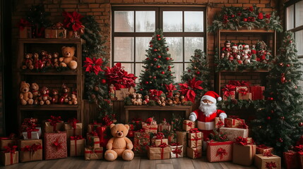 cute santa claus and teddy bear dolls with decoration corner in the shop