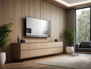 Modern living room with wooden walls, a flat screen tv, a wooden entertainment center, and a large window.