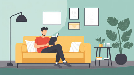 Flat vector graphic of a man on a sofa, reading a book, with a simple and modern living room