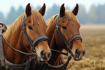 Obraz premium Two powerful brown horses wearing harnesses standing on farm