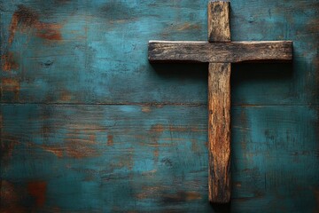 Wooden crucifix hanging on a rustic wooden wall symbolizing faith