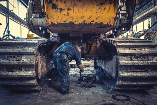 A heavy machinery repair workshop features a mechanic fixing the undercarriage of a large bulldozer