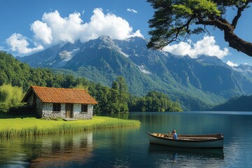 Fototapeta premium Couple fishing on a mountain lake with a stone cottage